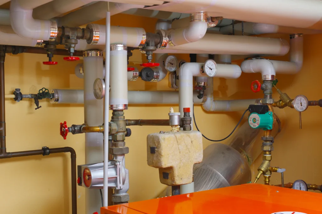 Cv-installatie met leidingen, kranen en een drukmeter