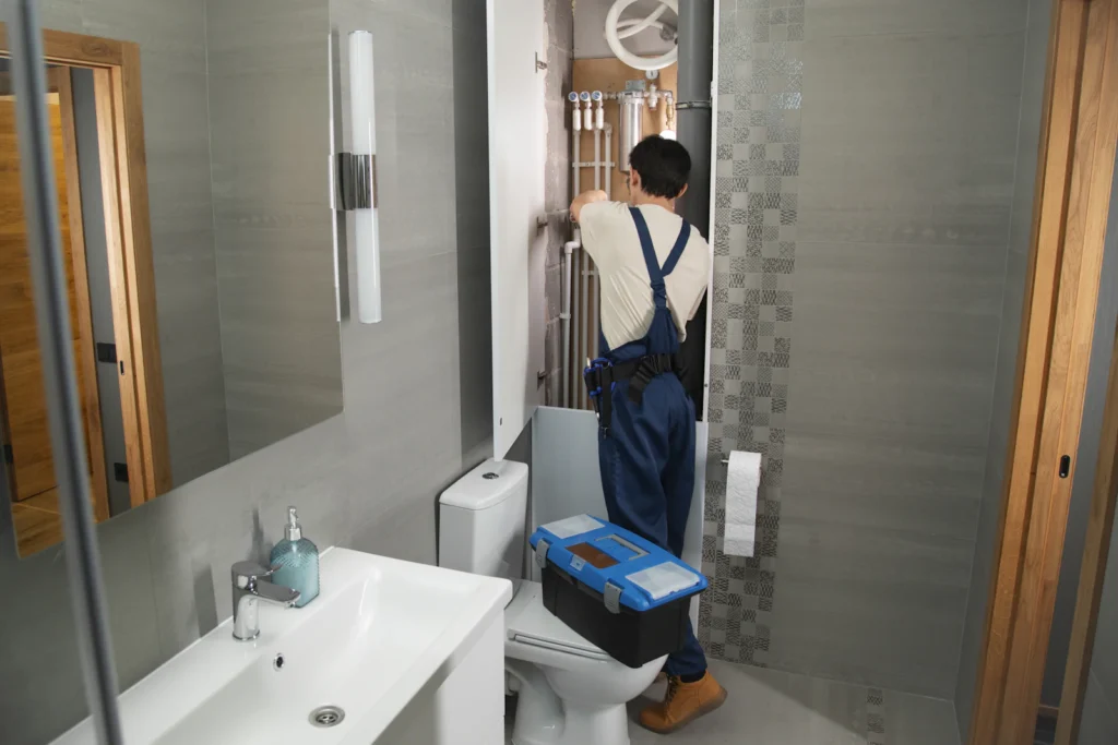 Loodgieter werkt aan het sanitair in een badkamer